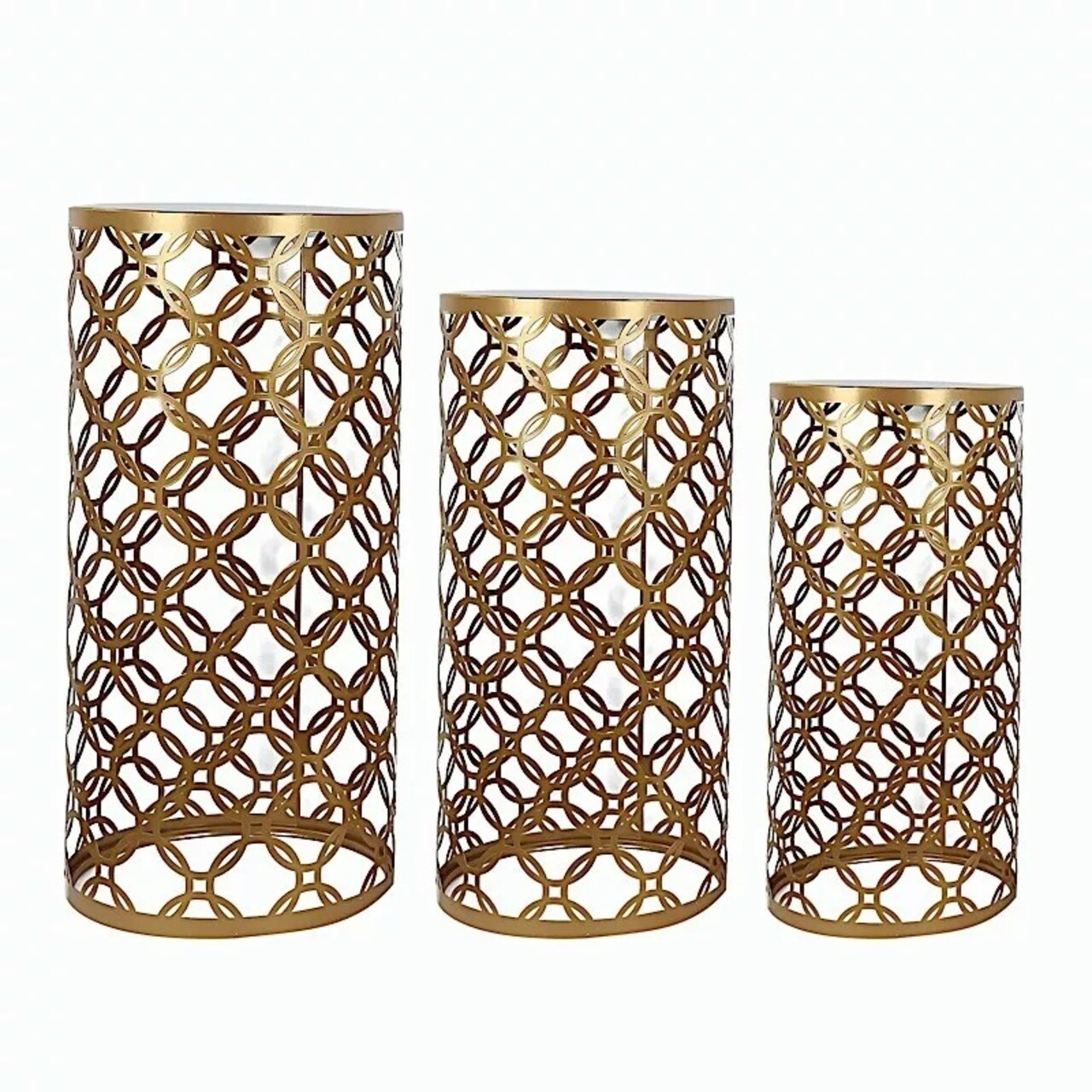3 Gold Metal Cylinder Plinth Pedestal Stands Wedding Party Decorations